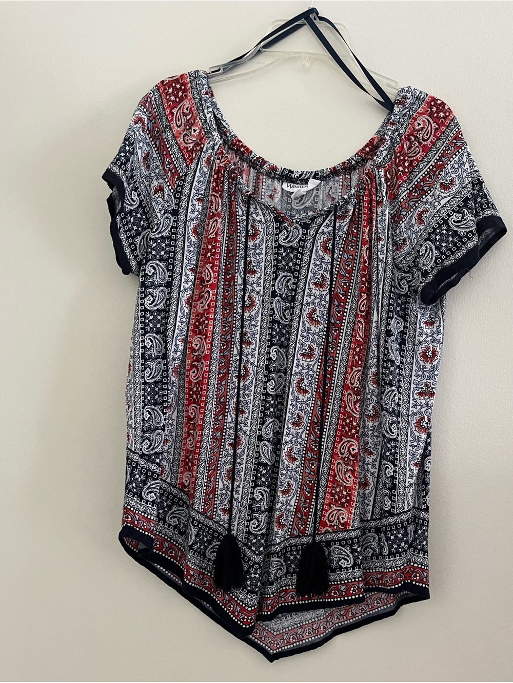 Westport Red, Navy& White Paisley Peasant Tunic- Size Medium